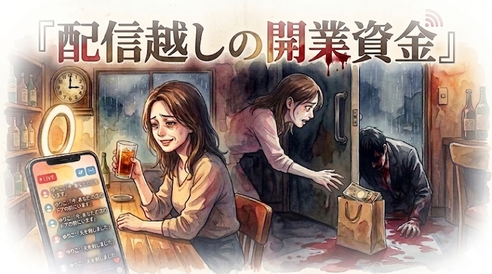念願のバーを開くため、夜な夜なライブ配信で開業資金を募っていた彼女。日々の投げ銭は微々たるものだったが、ある夜「ゆりこ」と名乗るアカウントから異常なコメントが連投される。「今、あなたの店のドアの前にいます」「夫を刺しました」——ただの悪質なイタズラだと思っていた彼女の顔から、徐々に血の気が引いていく。直後、背後の重い扉がゆっくりと開き、血まみれの手で差し出されたのは、生々しい札束が詰め込まれた紙袋と、目を背けたくなるような凄惨な現実だった。画面越しの歪んだ執着が境界線を越え、彼女のささやかな夢を赤黒く染め上げていく。日常が唐突に崩壊する戦慄のサスペンス。