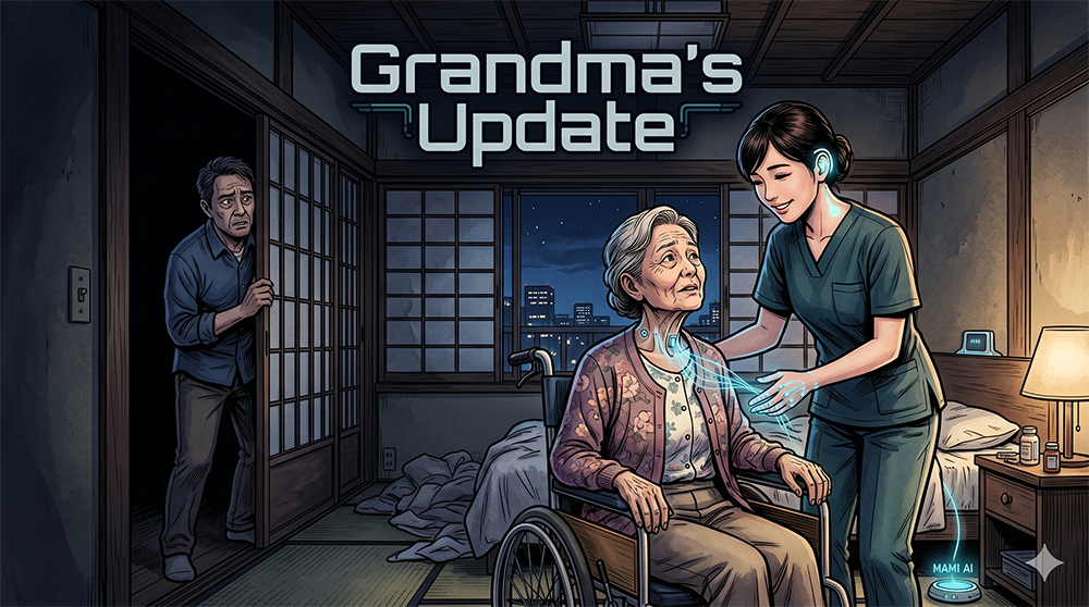An illustration titled 'Grandma's Update' showing a futuristic nurse with a holographic arm caring for an elderly woman in a wheelchair, while a concerned man watches from behind a sliding door.